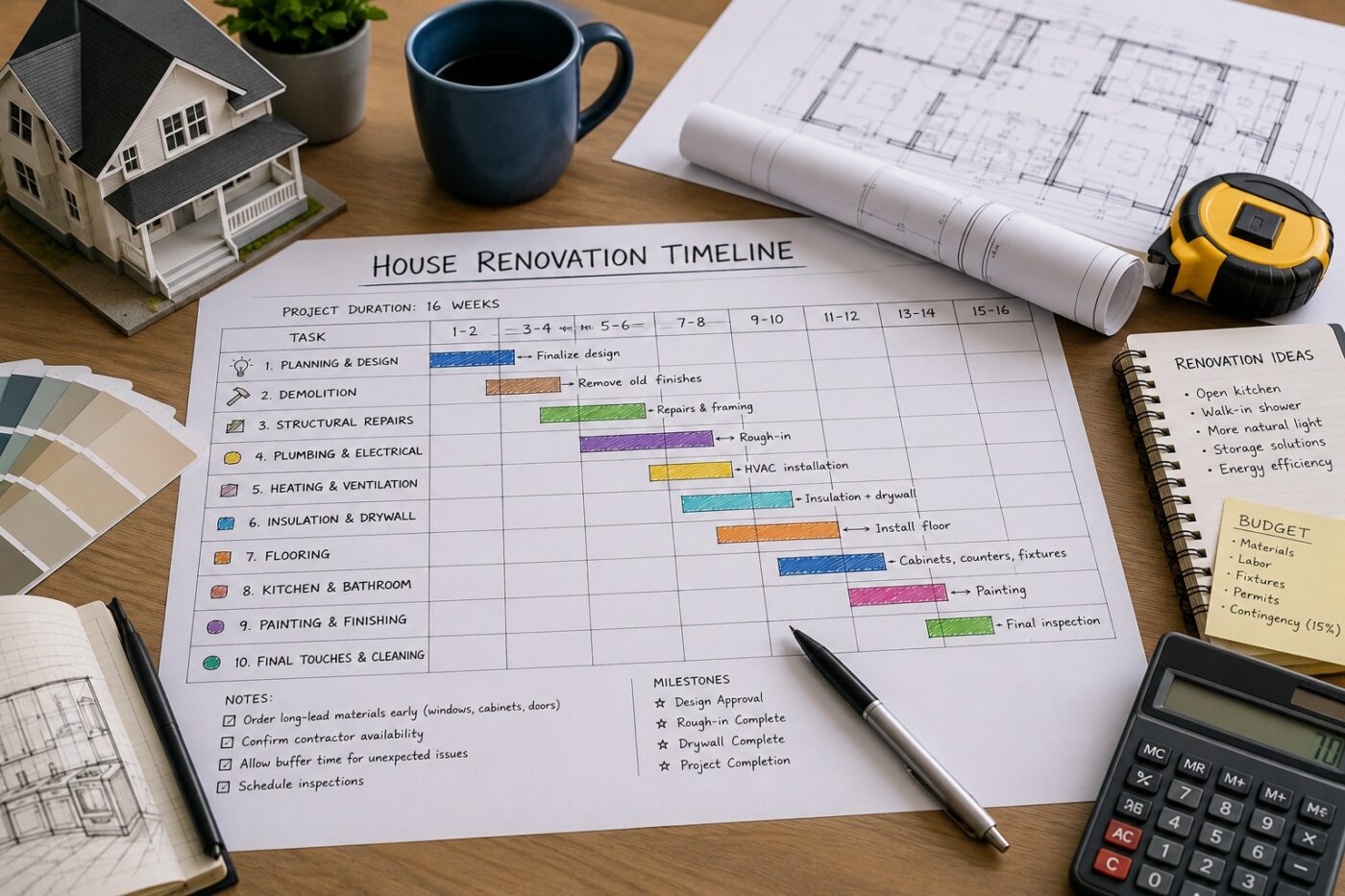creating a detailed house renovation timeline and project schedule