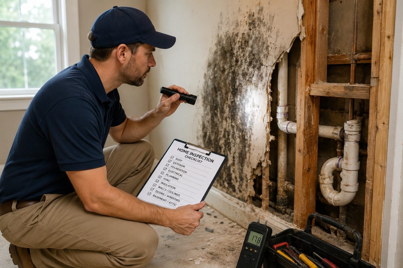 inspecting house condition for mold and plumbing leaks before renovating