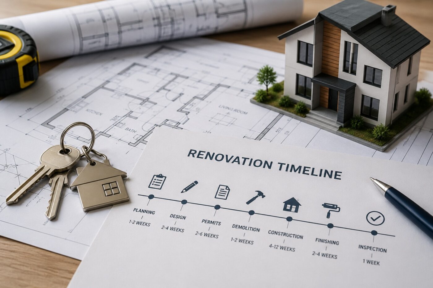 home renovation timeline explained with house keys and blueprints