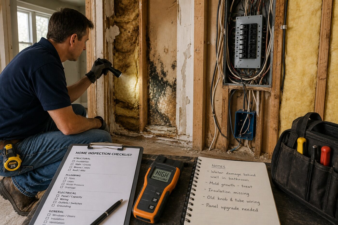 inspecting house condition for hidden water damage and electrical wiring problems